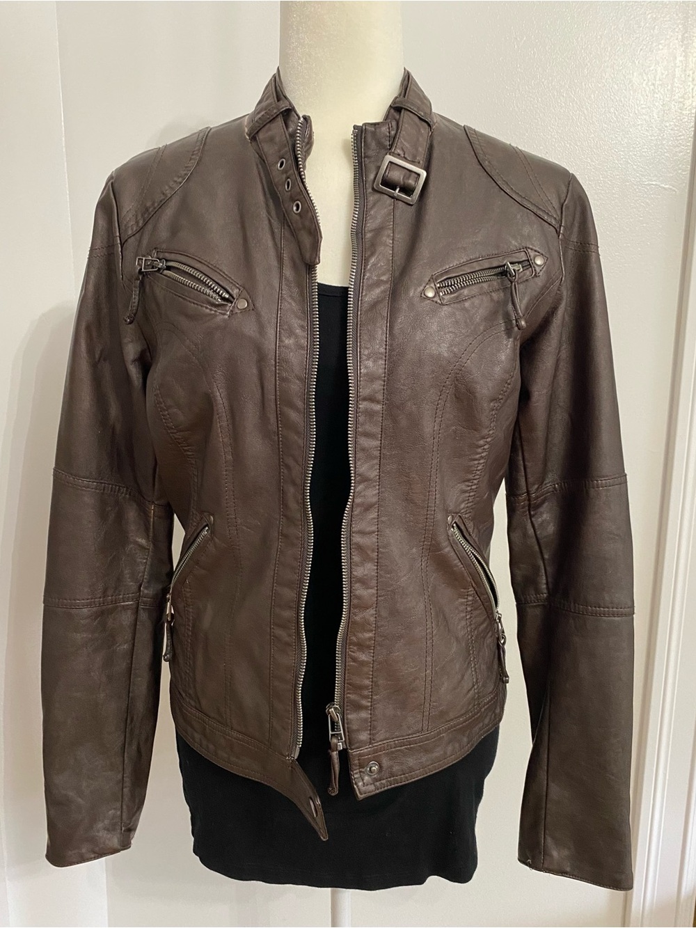 Max Jeans Women's Dark Brown Faux Leather Moto Jacket Size S